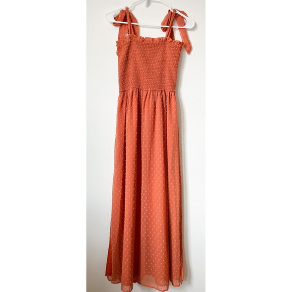 Zesica Swiss Dot Tie Strap Smocked Maxi Dress Terracotta Small Spring Summer - Picture 4 of 11